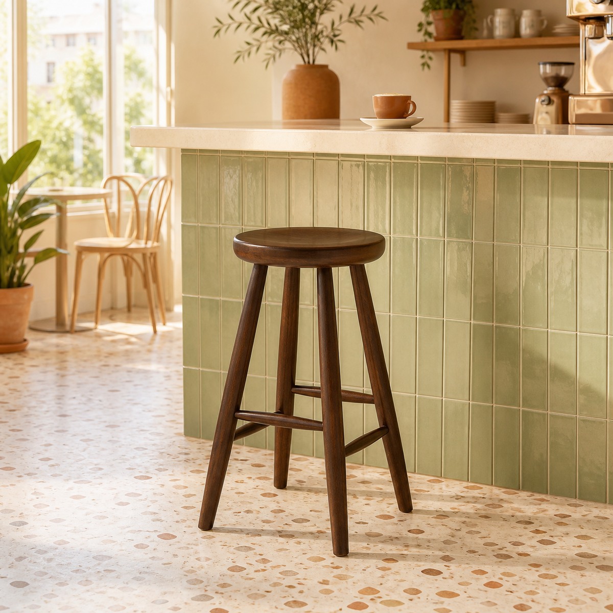 Wooden bar stool with brass footrest at a bright café counter