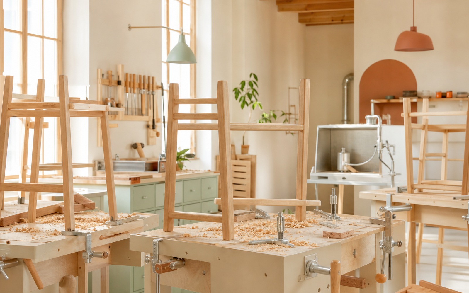 Workshop with beech stool frames and welding station