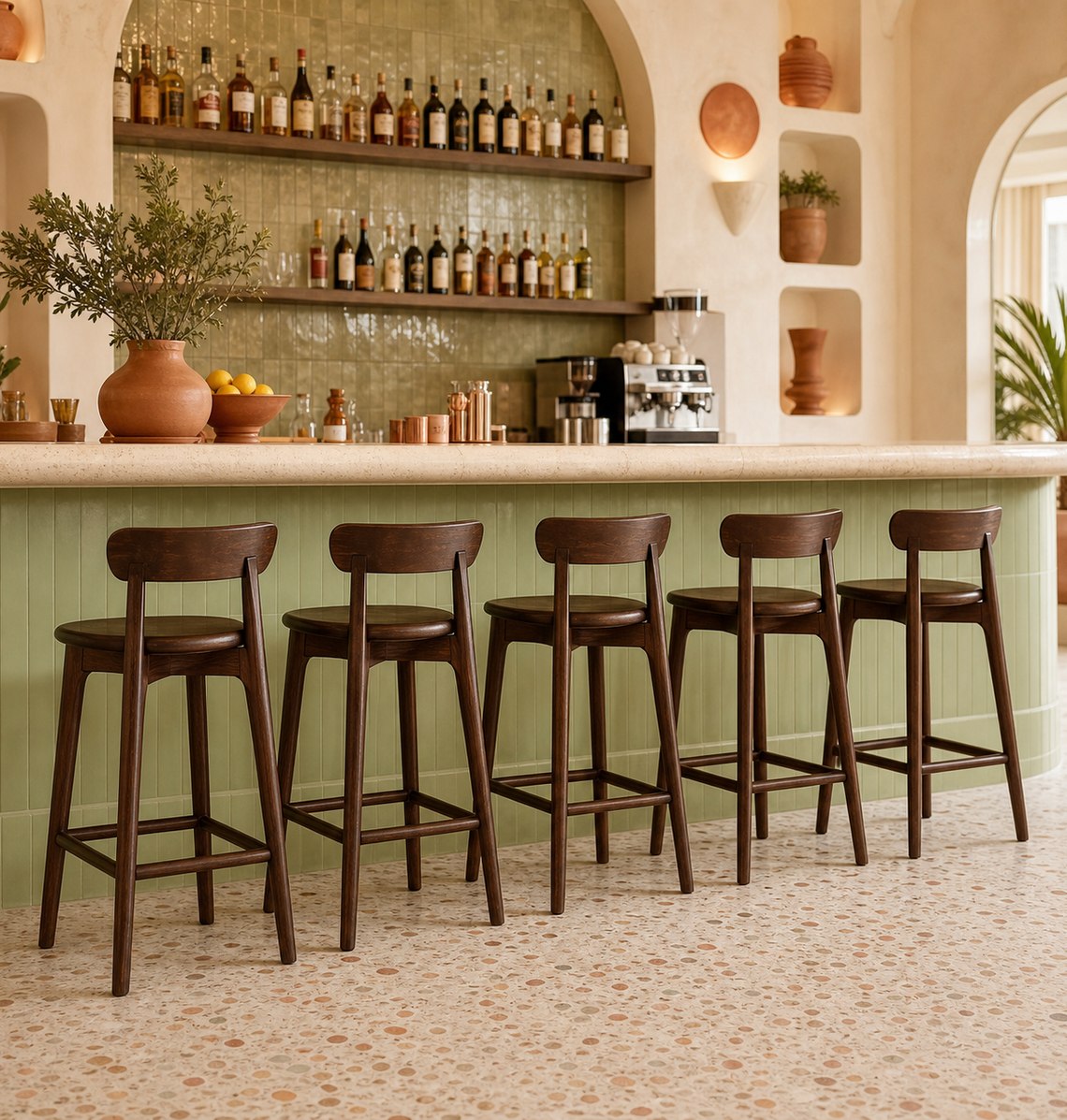 Row of matching stools at a hotel bar