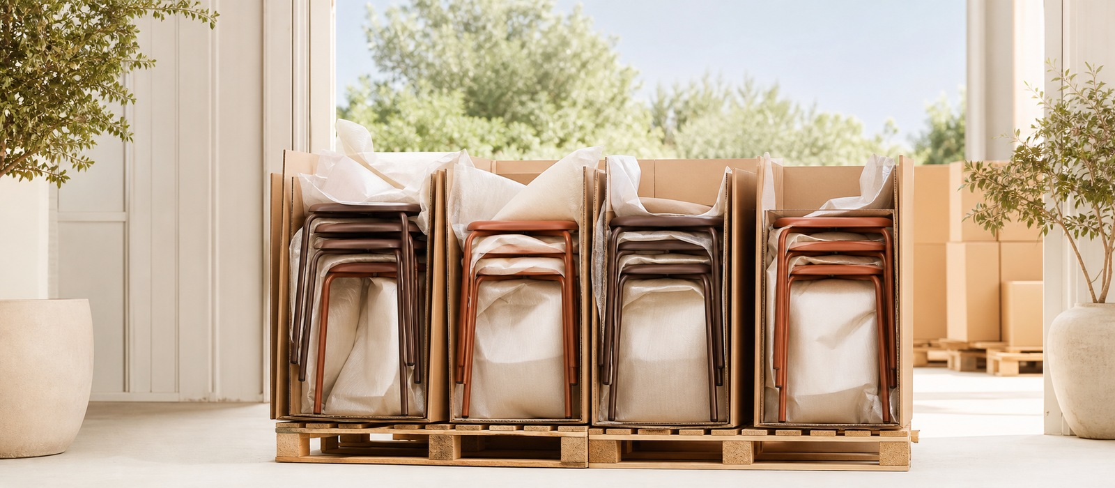 Stack-nested stools in export cartons at loading dock